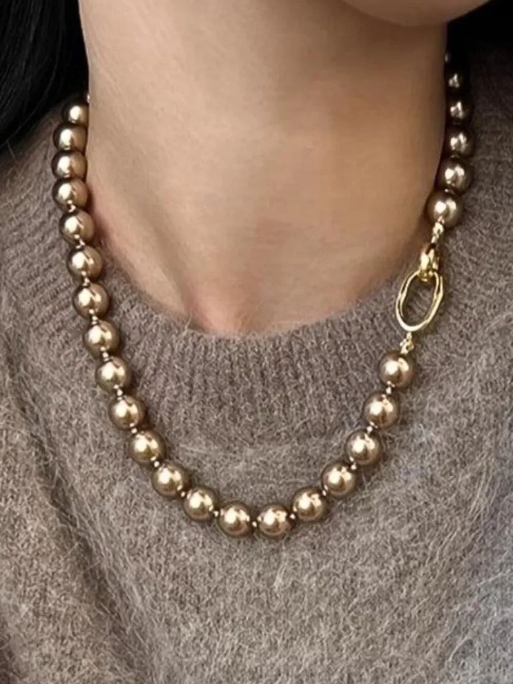 NWT Golden-Champagne 10mm Faux-Pearl Necklace Gold Plate Minimalist